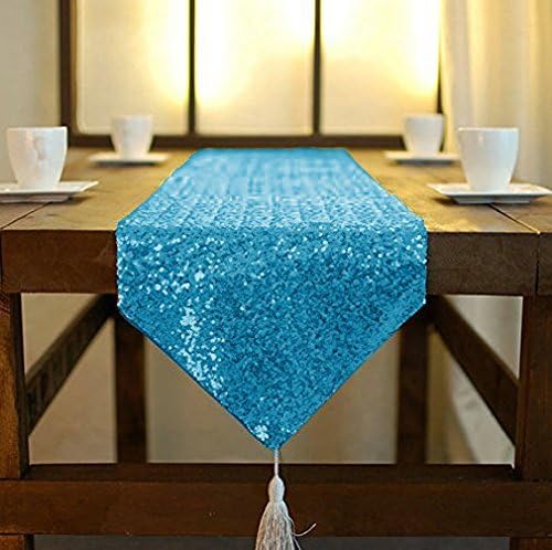 ShinyBeauty Shimmer Turquoise-Sequin Table Runner Tassel-30x180cm, Glitter Round Sequins Fabric for Table Runners in Party Wedding Banquet Table Linen Layout or Decoration (Turquoise)