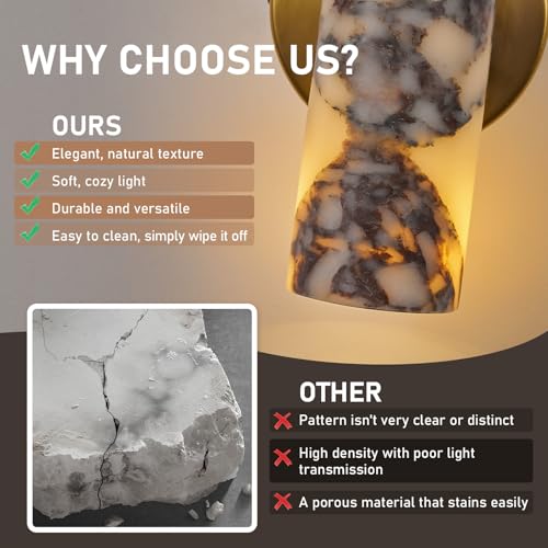 Image of Natural Marble Wall Sconces Set of 2, Alabaster Wall Light, Hardwired Wall Light Fixtures, Modern Wall Mount Wall Lights for Dining Room Stairs Bedroom Bathroom Hallway