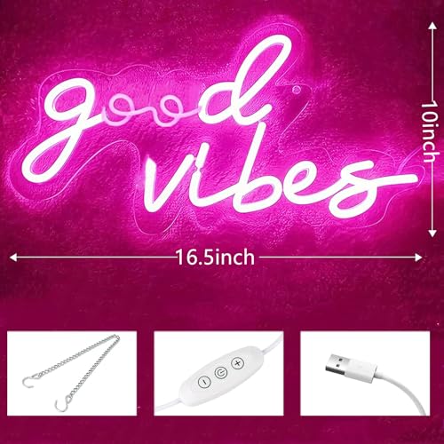 Image of Large Pink Neon Good Vibes Signs LED Dimmable USB Powered Cood Vibes Banner Decorative Night Lights Neon Lamps for Bedroom Living Room Apartment Bar Wedding Party Wall Background Decor Art, 16.5x8IN