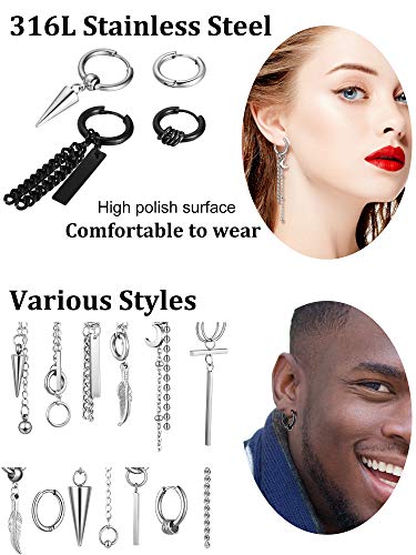 34 Pieces Stainless Steel Dangle Hinged Hoop Earrings Piercing Hoop Huggie Earrings with Long Chain Feather Leaf Dangle3