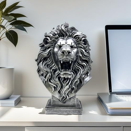 Statue de buste de lion argenté figurine décorative maison bureau - 3