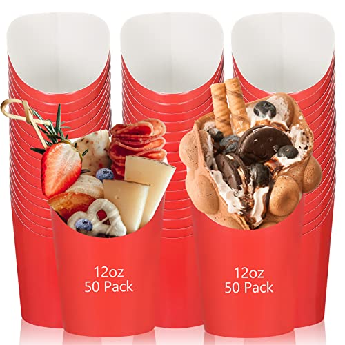 Sabary 50 Pcs Charcuterie Cups 12 oz Paper Snack Appetizer Cups French Fry Holder Brown Kraft Disposable Popcorn Boxes Cones for Baby Shower Waffle Food Takeout(Red)