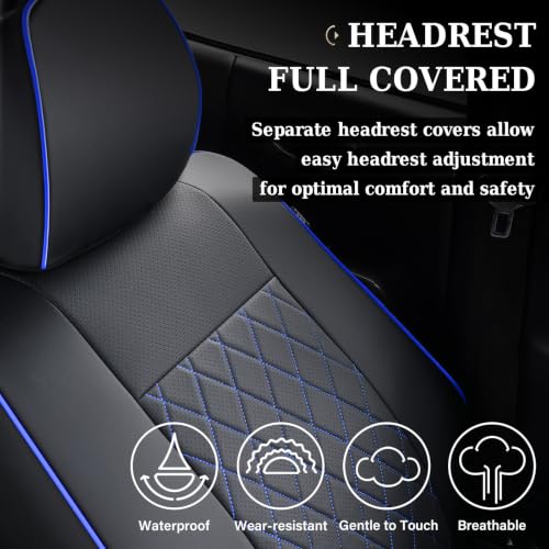 Image of Coverado Tacoma Seat Covers Full Set, Faux Leather Seat Covers Custom Fit for 2005-2015 Toyota Tacoma Double /Crew Cab Base Prerunner SR5 Limited TRD Sport Interior Covers (Blue Line)