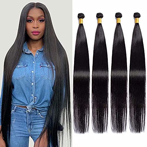 Maxine Brazilian Long Silky Straight Virgin Human Hair 4 Bundles 40 Inch 100% Unprocessed Hair Weave Bundles Extensions Deals 10a Natural Color