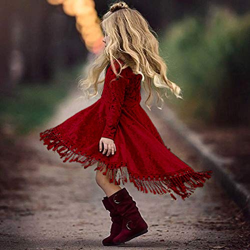 Quenny New Children's Gold Velvet Long-Sleeved Fringed Dress,red Sweet Princess Dress.4