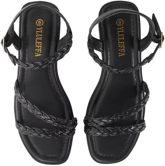 Women’s Braided Flat Sandals – Comfortable Cute Square Open Toe Slingback Summer Shoes with Adjustable Ankle Buckle