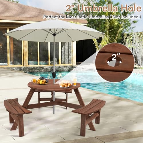 Zevemomo 6-Person Wood Picnic Table, Round Tabletop with Umbrella Hole, 3 Built-in Curved Benches, 1720LBS Total Capacity for Balcony, Garden, Brown