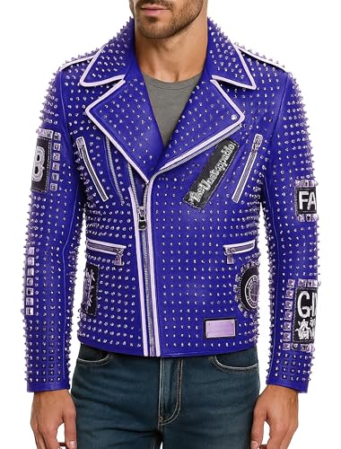 邦楽 the studs fair occasionally dark Mens Punk Brando Motorcycle Leather Jacket Rock World Studded Blue