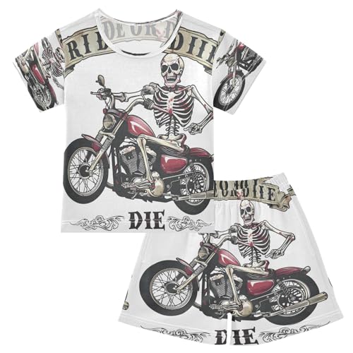 senya Short Sleeve Pajamas Sets Summer Cotton Sleepwear Skeleton Riding A Motorcycle