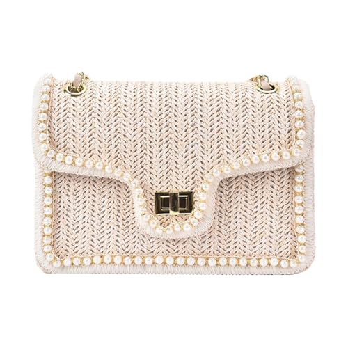 Lpoppcx para Mujer - Bolso de Paja y Perlas Falsas,Organizador Elegante para Uso Casual con Correa Desmontable para Viaje Playa Cita Noche Cafetería Vacaciones
