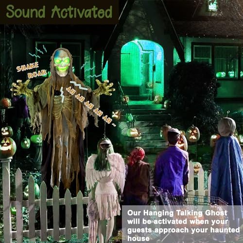 51Oiz8hy+wL._AC_ 72" Animatronics Standing Skeleton with Sound & Touch Activated Luminous Eyes, Scary Sounds, Movement, Life-Size Halloween Decoration for Haunted House Props, Indoor/Outdoor, Lawn,