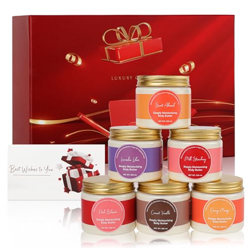 Luxury 6-in-1 Body Butter Gift Set for Mothers Day Gifts Skin Care Set | 6 x 200ml Jars in Gift Box for Women Body Butter Collection Gift Set Ready to Give with Card Box for Valentines Day Gifts
