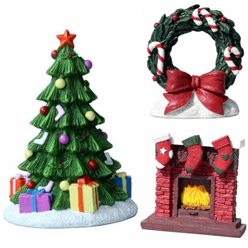 RVQIGYP Aquarium Christmas Fireplace Decoration Package- Fish Tank Christmas Tree Statue Holiday Decoration for Aquarium Betta Fish 3 Pieces Christmas Tree + Christmas Fireplace+Wreath