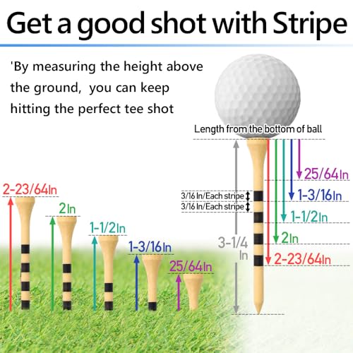 Japard Striped Wooden Golf Tees with Colors, 3 1/4 Inch, 100 Count, Colorful Wood Durable, Gifts for Men Women Black and Wood (3-1/4) (Wood)