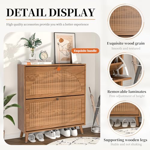 Shoe Storage Cabinet for Entryway with 2 Flip Drawers, Narrow Wood Shoe Cabinet with Fluted Panel, Freestanding Hidden Shoe Organizer for Foyer, Hallway (Walnut)