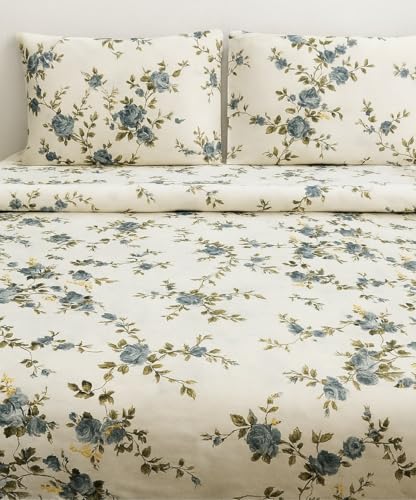 3 Pieces Flat Bedsheet Set with Floral Pattern King Size Bed Pillow Cover Set with 1 Bedsheet 2 Pillow Cover Bedding Set (Cream Blue King (U.K. Standard))