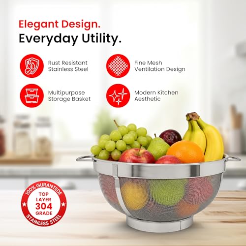 Image of 11 InchStainless Steel Fruit Basket with Lid | Includes Free Cleaning Brush and Multi Fiber Cloth | Fruit & Vegetable Storage Basket for Kitchen & Dining Table (Medium 11 Inch)