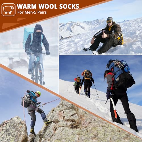 COOVAN Mens Warm Wool Socks Thermal Winter Thick Crew Socks Cold Weather Soft Cozy 5 Pairs 7