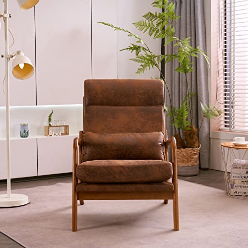 Image of Karl home Accent Chair High Back Mid-Century Modern, Brown | Bronzing Cloth Upholstered, Walnut Color Solid Rubber Wood Frame, Soft Cushion with Pillow, For Living Room, Bedroom, Balcony