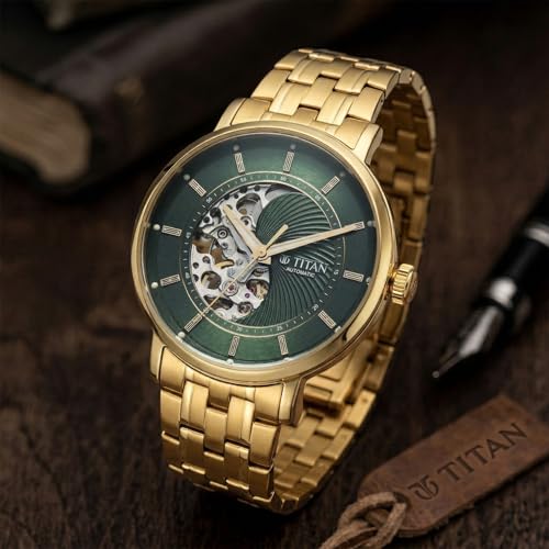 Image of Titan Yin Yang Skeletal Automatic Analog with Green Dial Silver Gold Steel Strap Watch for Men - 90222YM01