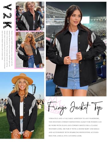 Nlife Womens Corduroy Nashville Sparkly Rhinestone Fringe Shacket Concert Outfits Long Sleeves Spakle Tassel Shirt Jacket3