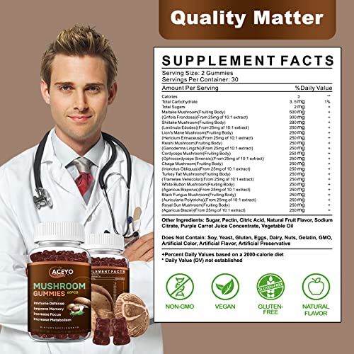 ACEYO Mushroom Gummies Complex Supplement 3000mg -Lions Mane, Ashwagandha, Turkey Tail, Cordyceps, Chaga, Reishi Mushroom- Nootropic Brain Supplements for Memory and Focus, Energy and Immune Support - Image 5