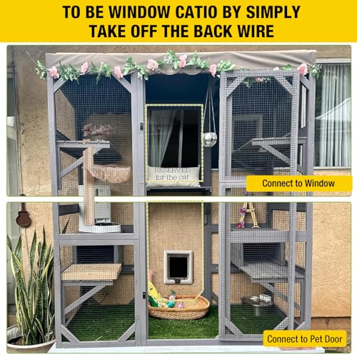Image of Aivituvin Cat House Window Outdoor Catio Cat Enclosures with 7 Platforms, 2 Resting Boxes Large Kitty House with Weatherproof Tarp Roof, 62.6 inch L x 32.6 inch W x 70.1 inch H Grey