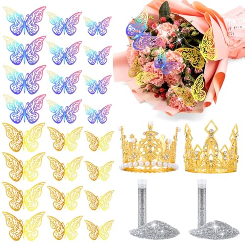 MARFOREVER Gold Crowns for Flower Bouquets, Flower Bouquet Accessories Set 24 Butterflies 2 Crown Topper & 2 Sliver Glitter Powder for Mothers Day Cake Wedding Party Wedding Graduation Decoration