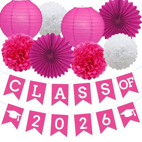Image of Hotpink Graduation Party Decoration Class 2026 Banner Hanging Pom Poms Flowers High School College Grad Supplies