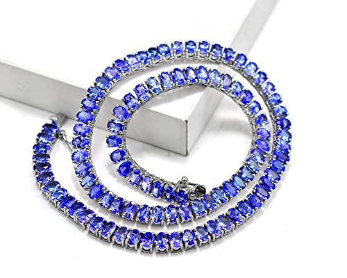 50.5 Cts Natural 6X4 Oval Cut Blue Tanzanite Necklace 925 Sterling Silver December Birthstone Wedding Jewelry Tennis Necklace Birthday Gift For Wife (16 Inches, Rhodium Plated Silver) #TOP3