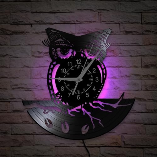 TIMEGLOW 12'' Owl Wall Clock 7 Kinds of LED Color, Vintage Decorative LED Night Light Wall