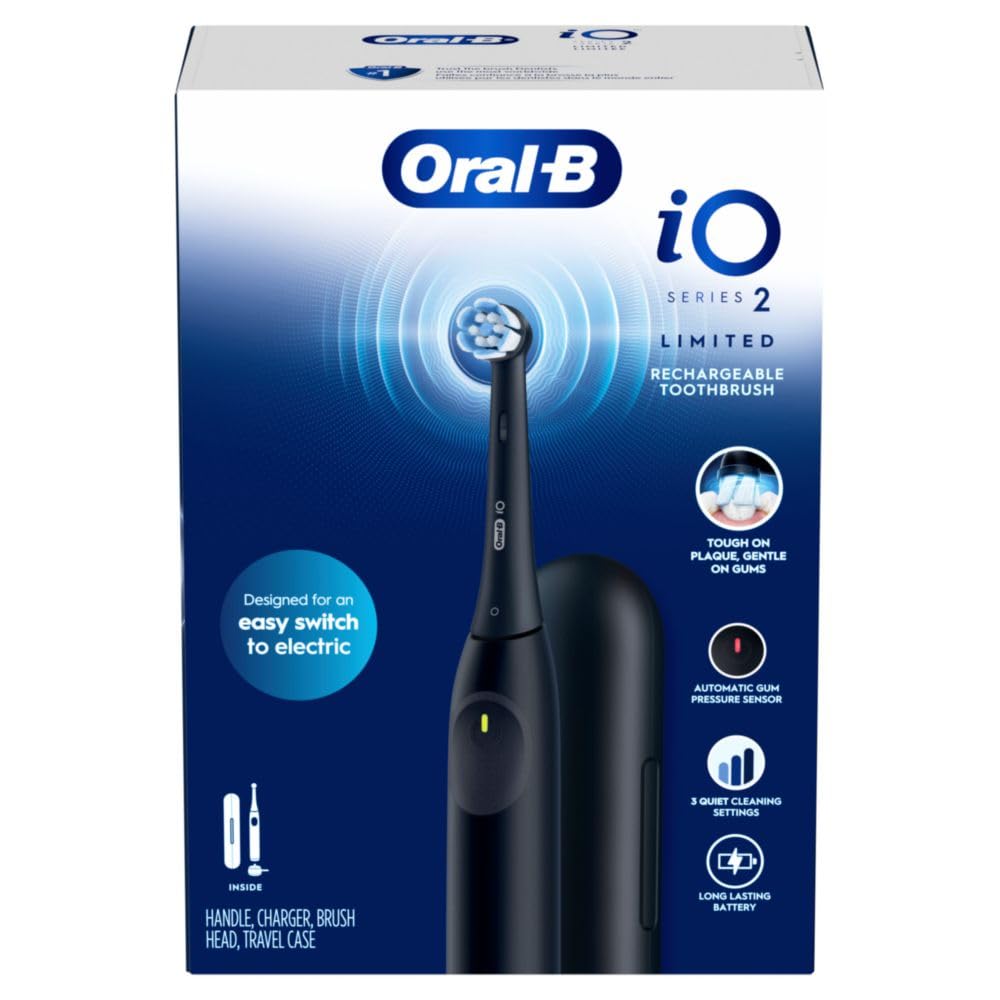 Oral-B iO Simple Clean Rechargeable Electric Powered Toothbrush, Night Black with 1 Gentle Care Brush Head and 1 Black Travel Case - Automatic Pressure Sensor to Protect Gums - 3 Modes - 2 Min Timer
