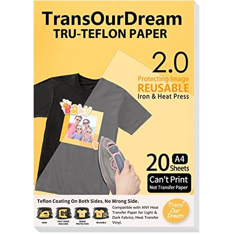 TransOurDream - Teflon Paper for Heat Transfer Silicon Paper for Iron and Heat Press Silicon Protection Paper for T Shirts Transfer&Iron On Fabric Transfer 30 Sheets A4 Size (TOD-022-30) Cover
