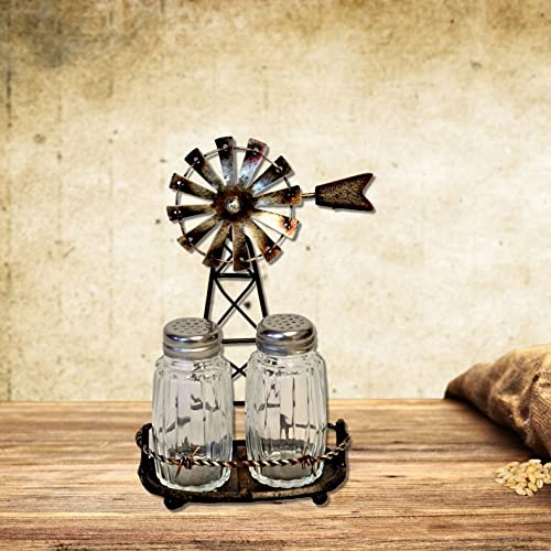 Rustic Galvanized Metal Windmill Salt and Pepper Shaker Set for Farmhouse Kitchen Decor