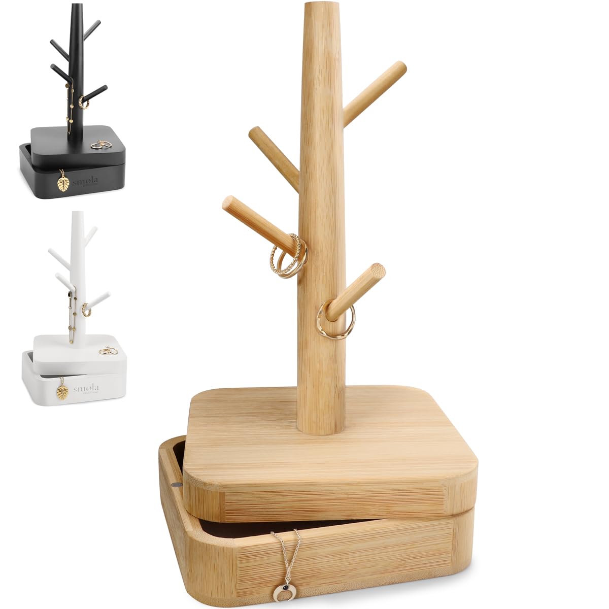 Schmuckbaum aus Holz - 4 Ebenen mit Aufbewahrungsbox - Schmuck Organizer, Schmuckständer für Ketten, Ohrringe, Ringe - Deko Schmuck Aufbewahrung