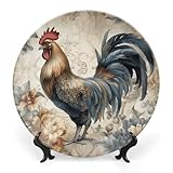 ERSTSNCK Watercolor Rooster Ceramic Plate 8inch Decorative Bone China Wall Hanging Ornament Plates Bohemian Style Dinner Plate with Display Stand Cabinet Display Plates for Home Art Decor