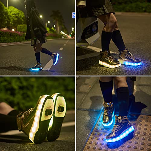 Pyyiqi Kids Shoes With Wheels Light Up Roller Skate Shoes Led Heelies Shoes For Boys Girls Outdoor Slip On Rechargeable For Halloween Thanksgiving Christmas, Gold 30 #TOP3