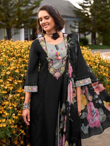 Image of INDO ERA Women's Anarkali Pure Cotton Floral Printed Embroidered Kurta & Pant with Dupatta Set (IEOUT10688)