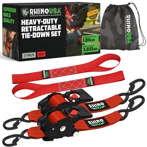 Rhino USA Retractable Ratchet Straps (2-Pack) - 2 Inch x 10 Feet (3,033lb Break Strength) - Heavy Duty Auto Self Retracting Tie Down Straps for Truck, Cargo Trailer, Motorcycle, Rad & More - Red