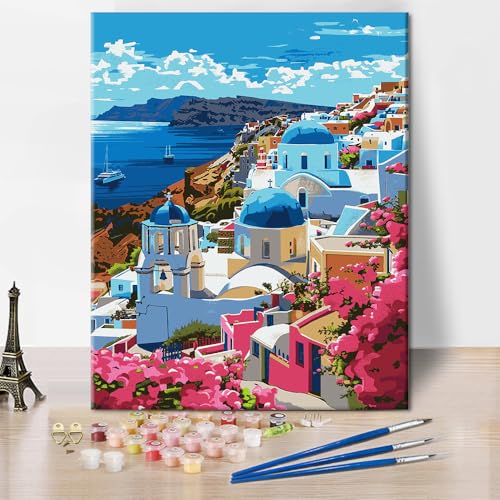 TISHIRON Erwachsene Malen nach Zahlen Santorini Landschaft Malen nach Zahlen Set Modern DIY Küstenstadt Malerei Europäische Landschaft Gemälde Kunstwerk Wandkunst Dekoration für Zuhause 16x20 Zoll