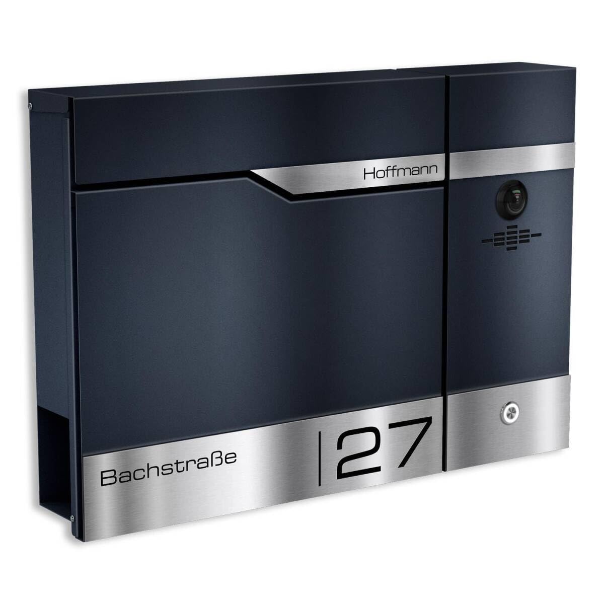 Metzler Briefkasten mit Video Türsprechanlage VDM10 2.0 und Zeitungsfach in Anthrazit RAL7016 - LAN/POE - Edelstahlleisten personalisiert mit individueller Lasergravur, Videosprechanlage Rechts