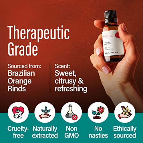 H’ana Sweet Orange Essential Oil For Diffuser - 100% Pure And Natural Therapeutic Grade Sweet Orange Essential Oils For Skin Use - Sweet Orange Oil Essential Oil For Aromatherapy (0.34 Fl Oz) #TOP5