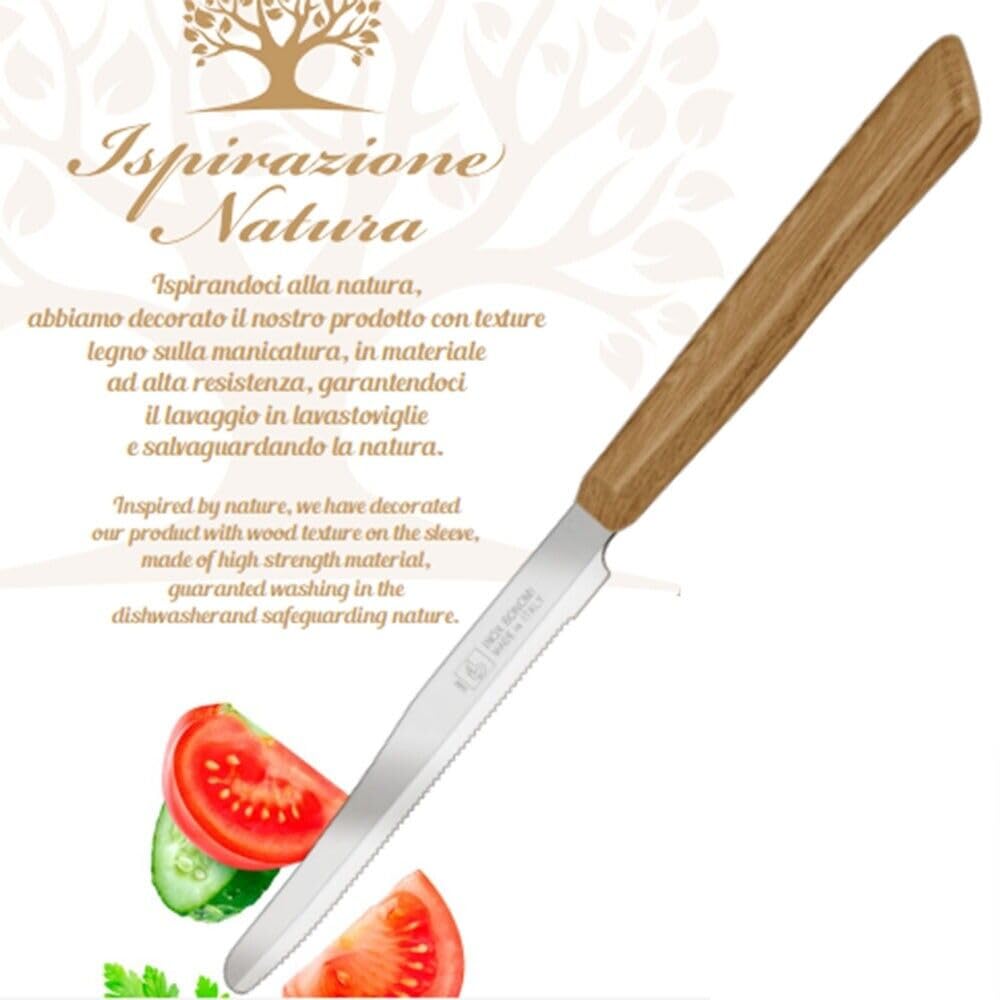Coltello da tavola set 12 manico effetto legno lama acciaio inox seghettata per bar pub ristoranti tavola casa-beige