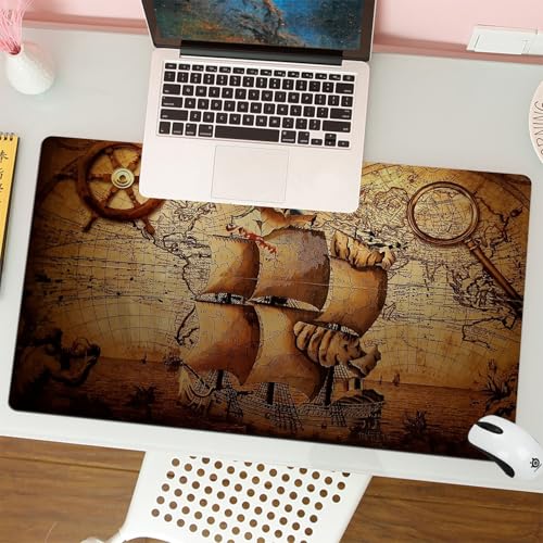 QRFASFZO Alfombrilla Ratón,XXL 80x30 cm Mouse Pad Grande Gaming, Alfombrilla Antideslizante,Tapete Escritorio con Bordes Cosidos,Navegación oceánica, un Mapa Desgastado con un velero, una Rosa de los