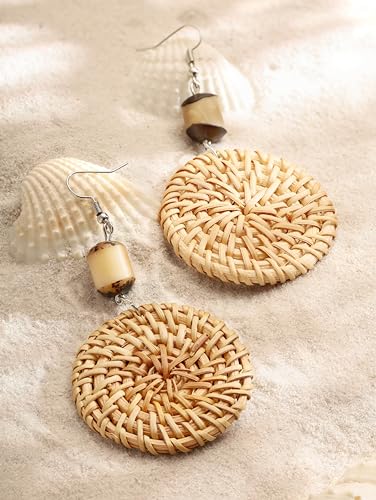 Image of MINACHI Boho Chic Handmade Rattan Wood Dangle Drop Earrings for Women, Bohemian Summer Beach Statement Jewelry Gift for Women