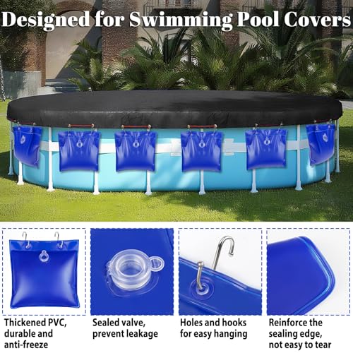UQM 16 Pack Pool Cover Weights with 32 Hooks, Leakproof Square Swimming Pool Cover Hanging Bag, Thick PVC Pool Water Bags, Antifreezing Winter Pool Tarp Weights for Above Ground Pool Cover