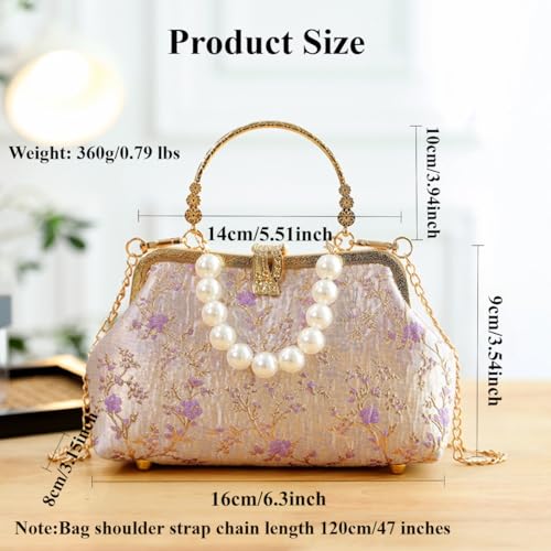 Image of Pearl Evening Bag for Women Lily Pattern Vintage Embroidered Floral Clutch Purse Evening Handbag Shoulder Crossbody Bags