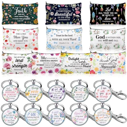 Talltalk 20 Pcs Christian Gift Bulk for Women Religious Cosmetic Bag Inspirational Scripture Keychain(Flower Style)