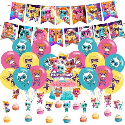 Super Cats Birthday Decorations Super Cats Party Supplies Include Happy Birthday Banner Cake Topper and Cupcake Toppers Balloons for Kids Party Decor