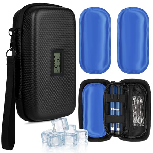 Fefod Estuche Insulina Bols, Nevera Insulina de Viaje con 2 Bolsas de Hielo Refrigerado TSA, Estuche Medicamentos para Diabetes con Visualización de Temperatura para Viajes Largos y Diarios (Negro)